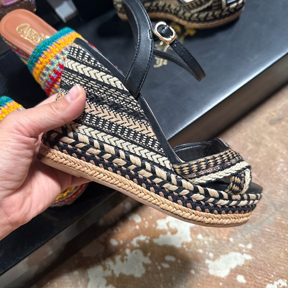 Carlos Santana Black and Tan Espadrille Wedges